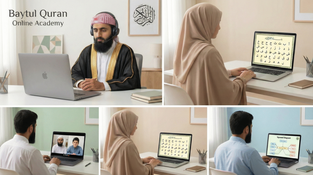 Qualified online Quran teacher conducting a live class on laptop