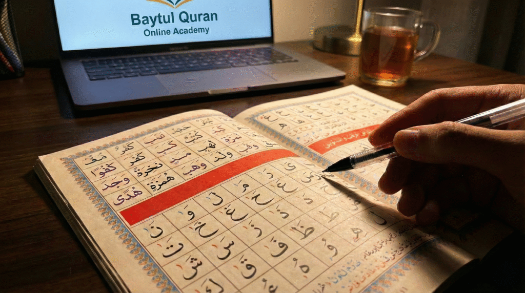 Student practicing Arabic letter recognition and writing skills