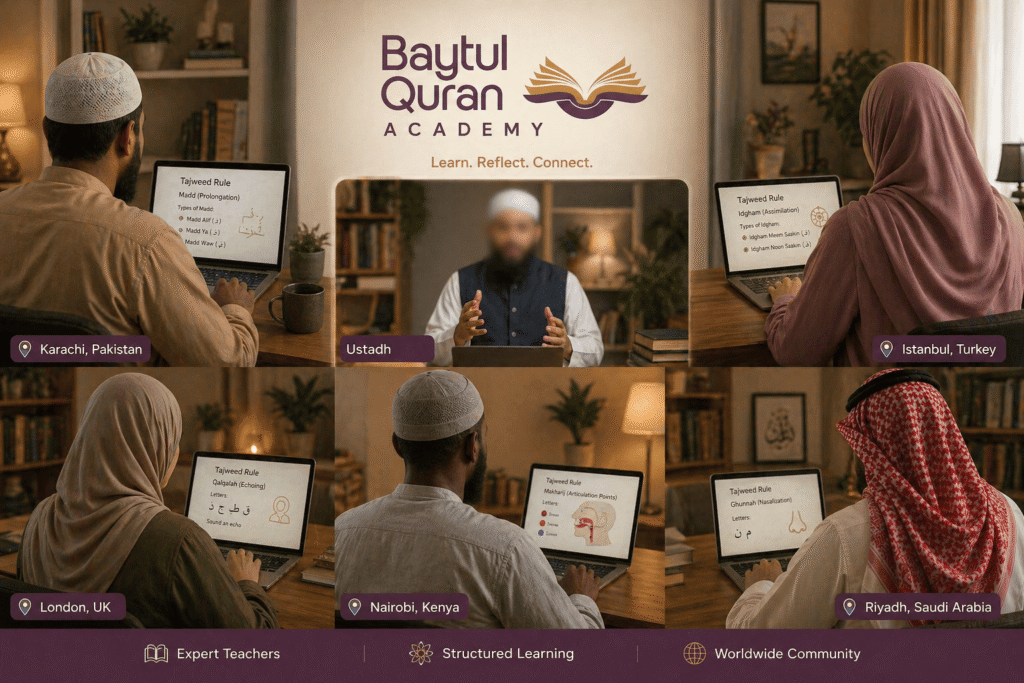 Diverse Muslim adults learning Tajweed online Tajweed obligation for non-Arabs and new Muslims
