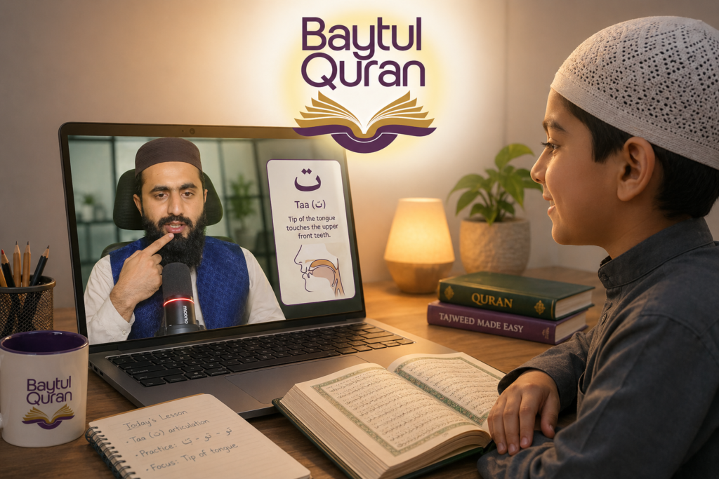 Quran teacher demonstrating Makhaarij articulation point to a young student in an online Tajweed class, Baytul Quran Academy