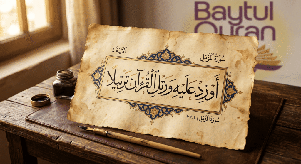 Arabic calligraphy of Surah Al-Muzzammil 73:4 Quranic verse commanding tarteel and Tajweed