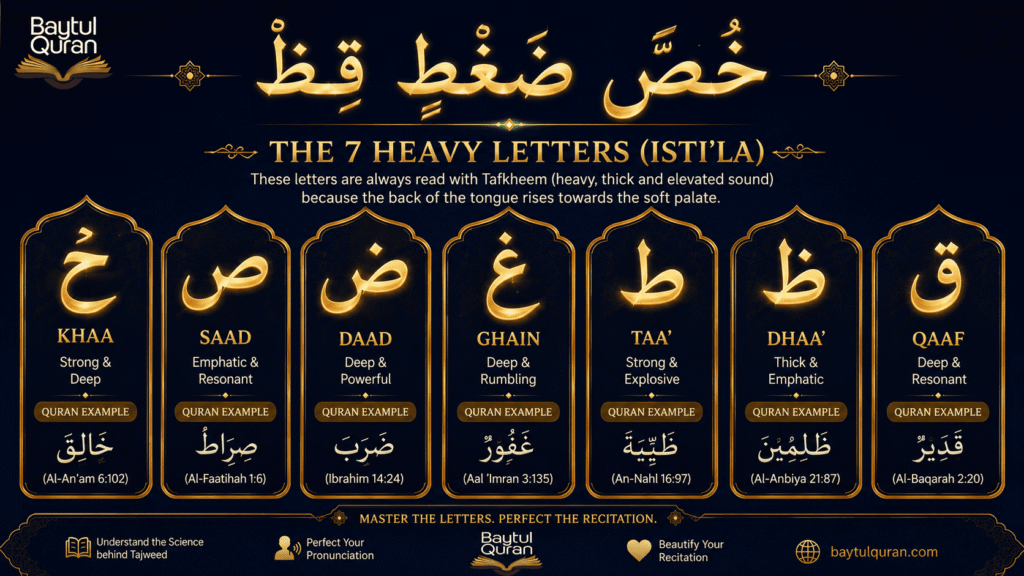 Seven permanently heavy Tafkheem letters in Arabic Tajweed reference card — Kha Saad Daad Ghain Taa Qaaf Dha